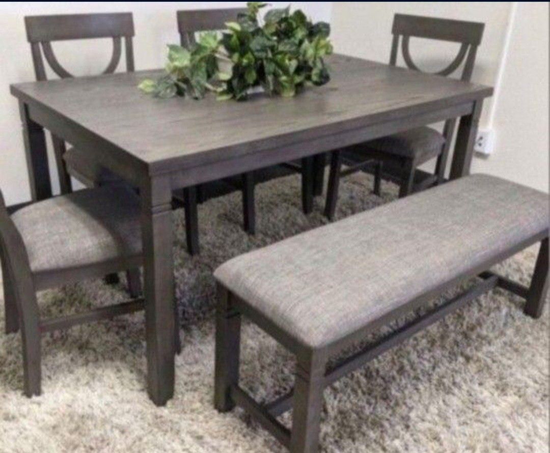 ✅️✅️6 pc bridget ii grey finish wood dining table set padded seat chairs and bench✅️✅️✅️