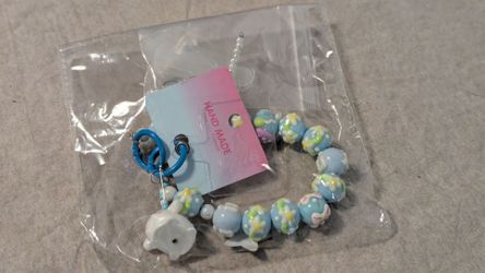 Handmade Beaded Floral Phone Charm Strap, Blue Flower Beads w/ Bunny