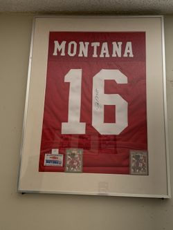 Joe Montana 49ers Pro Line auto men’s jersey with COA. One signed 1989 Pro Set card & 1989 Pro Set Super Bowl XXIV card heavy duty frame