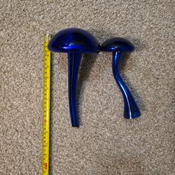 2 Blue Glass Mushrooms Garden Decor.