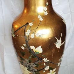 Porcelain 43" Tall Vase Hand Painted Birds And Flowers 👀 Gorgeous!