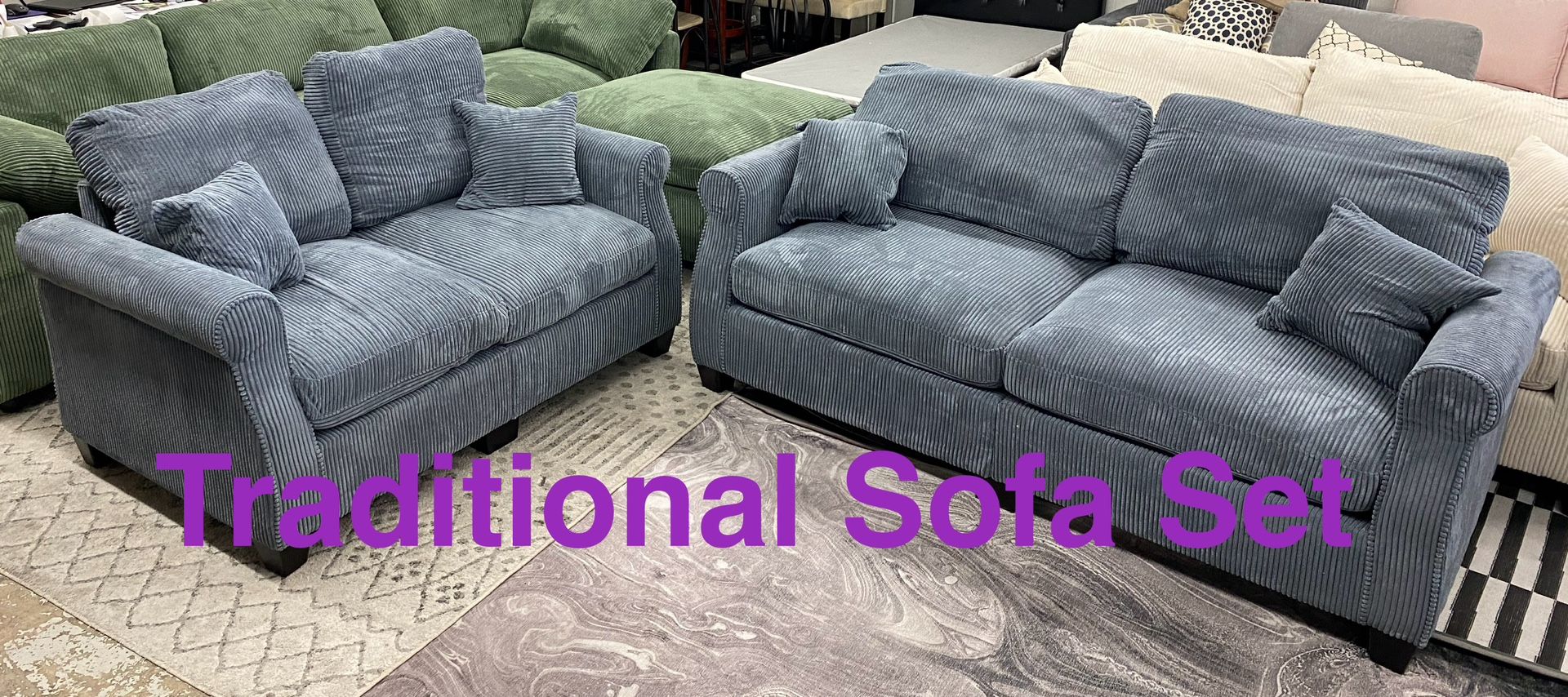 New Grey Corduroy Sofa and Loveseat Set (Finance and Delivery)