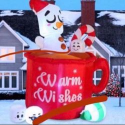 6 FT Christmas Inflatable Snowman Mug with Built-in LEDs Blow Up Inflatables for Christmas Party Indoor, Outdoor, Yard, Garden, Lawn Winter Decoration