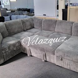 ✅️✅️4 pc Smoke grey fur like corduroy fabric sectional sofa with storage chaise and love seat and pop up sleep area in center USB charging✅️