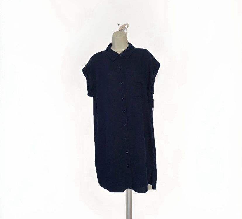 Size 12 Calvin Klein Navy Blue Linen Blend Shirt Dress Button Pocket Short Sleev