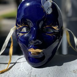 Vintage Ceramic Mask Blue/Gold Signed Mardi Gras Masquerade 7”x 5” Butterfly. 
