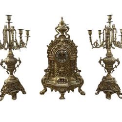 Antique Victorian Bronze Mantel Clock with Two Candelabras Set