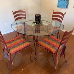 Pier1 Wrought Iron 2-Glass Tops Dining Table and 4 Chairs in Red