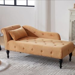 60.6" Velvet Chaise Lounge Chair, Sleeper Lounge Sofa with Buttons Tufted and Nailhead Trimmed, Modern Tufted Long Lounger with 1 Pillow and Solid Woo