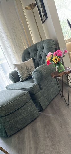 Sage Green Accent Chair with Ottoman – Excellent Condition