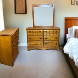 Light Brown Tall Dresser, Wide Dresser & Mirror Bedroom Set