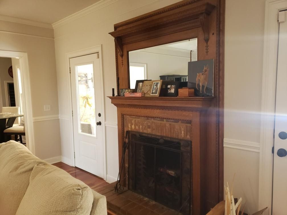 Antique Tiger Oak Tall Fireplace Mantle With Mirror