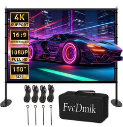 150 inch Projector Screen with Stand, 16:9 4K HD Portable Outdoor Movie Screen, Wrinkle-Free Foldable Indoor Projection Screen with Carry Bag & Ground
