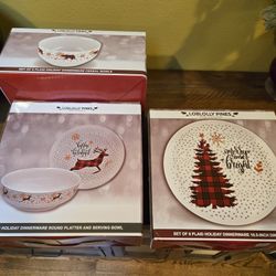 Loblolly Pines Plaid Holiday Dinnerware Set, 8 plates and bowls, 1 serving platter & bowl, brand new