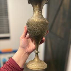 Vintage etched Brass Vase 12”