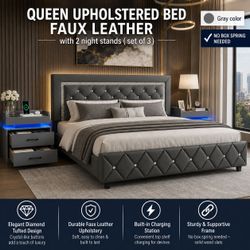 Queen size  bed  set of 3 gray.    (1bed and 2 night stands).