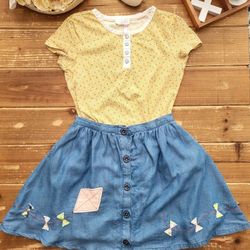 SIZE 10 GIRLS 2-PIECE MATILDA JANE OUTFIT MUSTARD YELLOW FLORAL SHIRT W/CHAMBRAY KITE SKIRT 