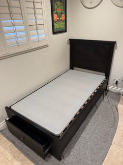 Solid Wood Twin Bed Frame/Headboard with Storage Drawer + Platform + Slats
