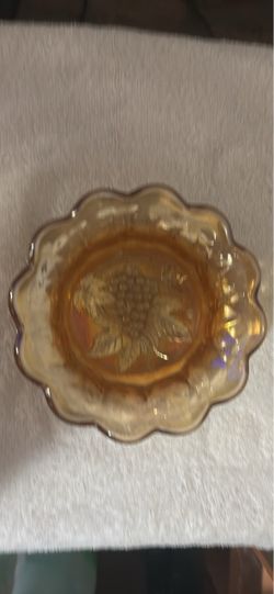 Amber Carnival Glass Bowl with Grape Pattern