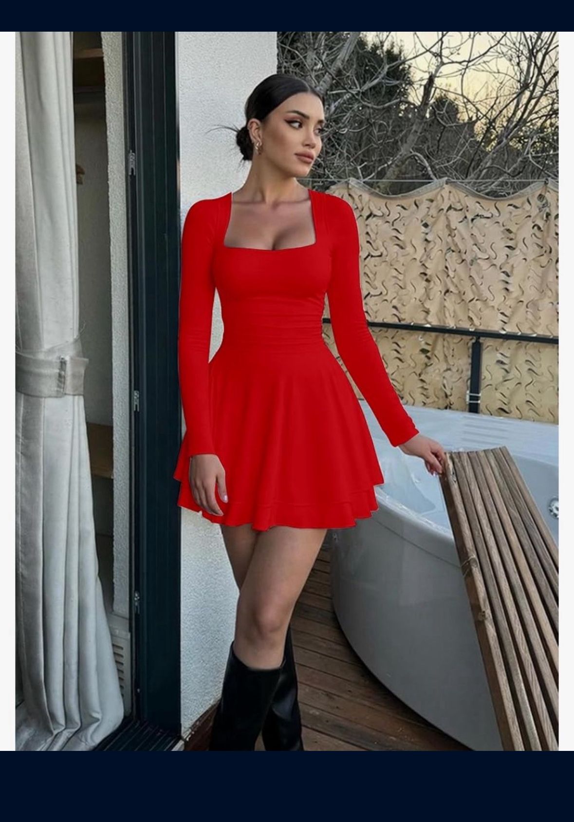 Kaximil Women's Square Neck Ruffle Hem Mini Dress Ruched Waist Long Sleeve Corset Short Party Dresses