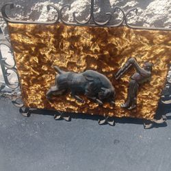 Cast Iron Bull & Bullfighter On Crush Velvet Wrought Iron Frame 