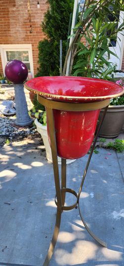 Mid-Century red enameled metal planter