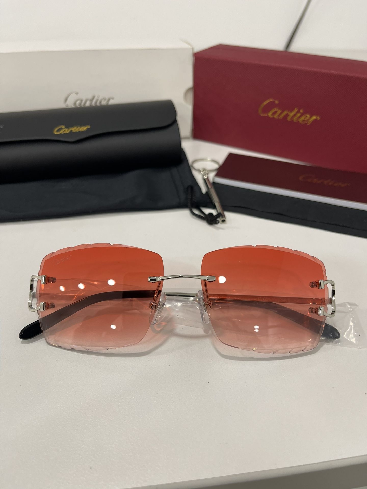 Cartier Glasses (Diamond cut) Red Lense, Silver Frame