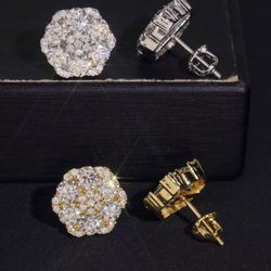 Bling Iced Out Strew Back Round 925 Silver 13mm Hiphop VVS Moissanite Diamond Cluster Stud Earrings