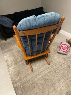 Vintage Wooden Rocking Chair with Blue Cushion