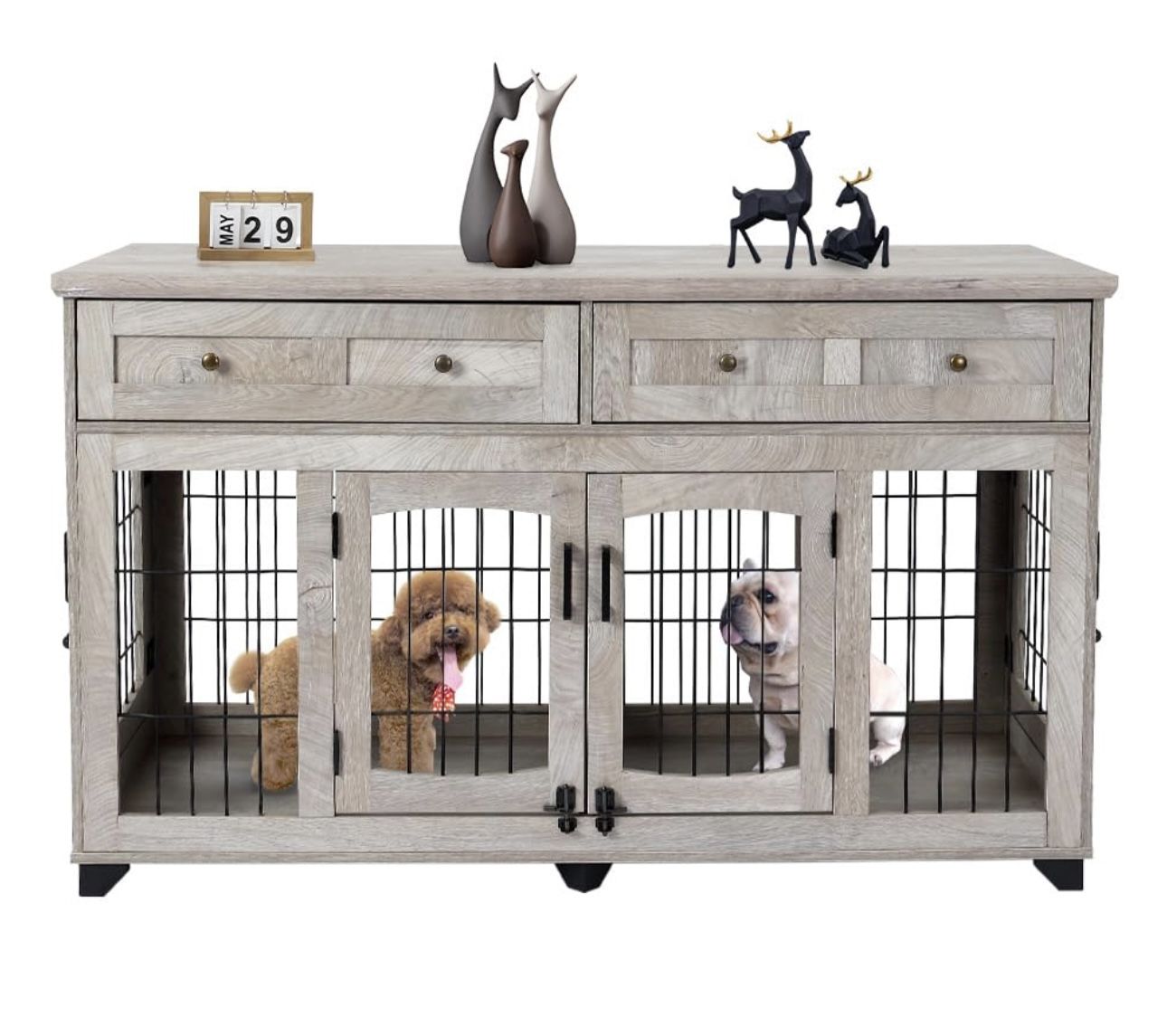 58" Wooden Dog Crate Table with 2 Drawers,5-Doors Dog Furniture,Indoor Dog Kennel,Dog Crate Furniture with Divider $190