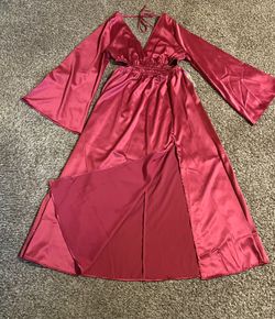 Satin long dress with side slits and bell sleeves/Size: M/$10