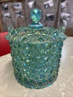 Fenton Aqua Daisy & Button 6" Lidded Candy Jar