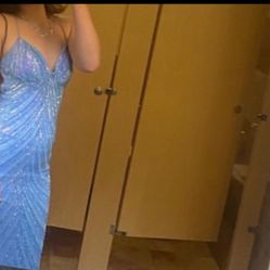 Blue Sparkly Backless Prom Dress