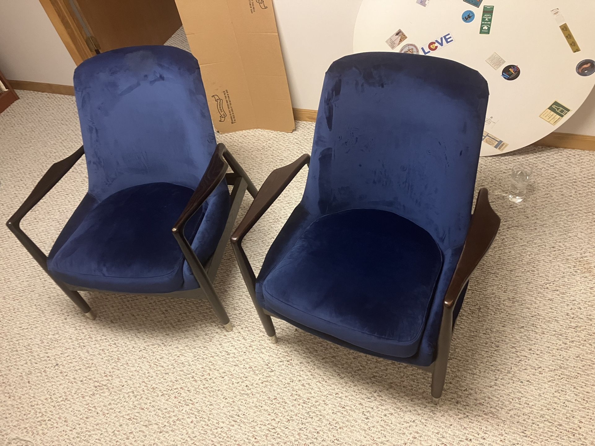 2 Wooden Framed Navy Blue Velvet Accent Chairs