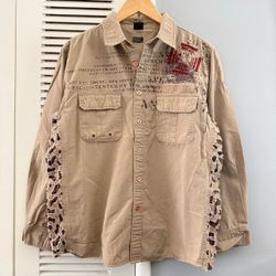 Vintage90’s  OAKLEY Software Tan Military Camo Button Up Shirt Mens Sz Large
