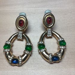 Vintage Large Rare Signed Ciner Cabochon Rhinestone Door Knocker Earrings