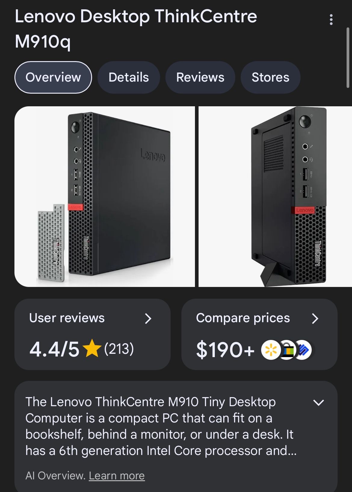 Lenovo ThinkCentre M910q MFF, Intel Core i5-7500T, 8GB RAM, 256GB SSD, W10 Pro
