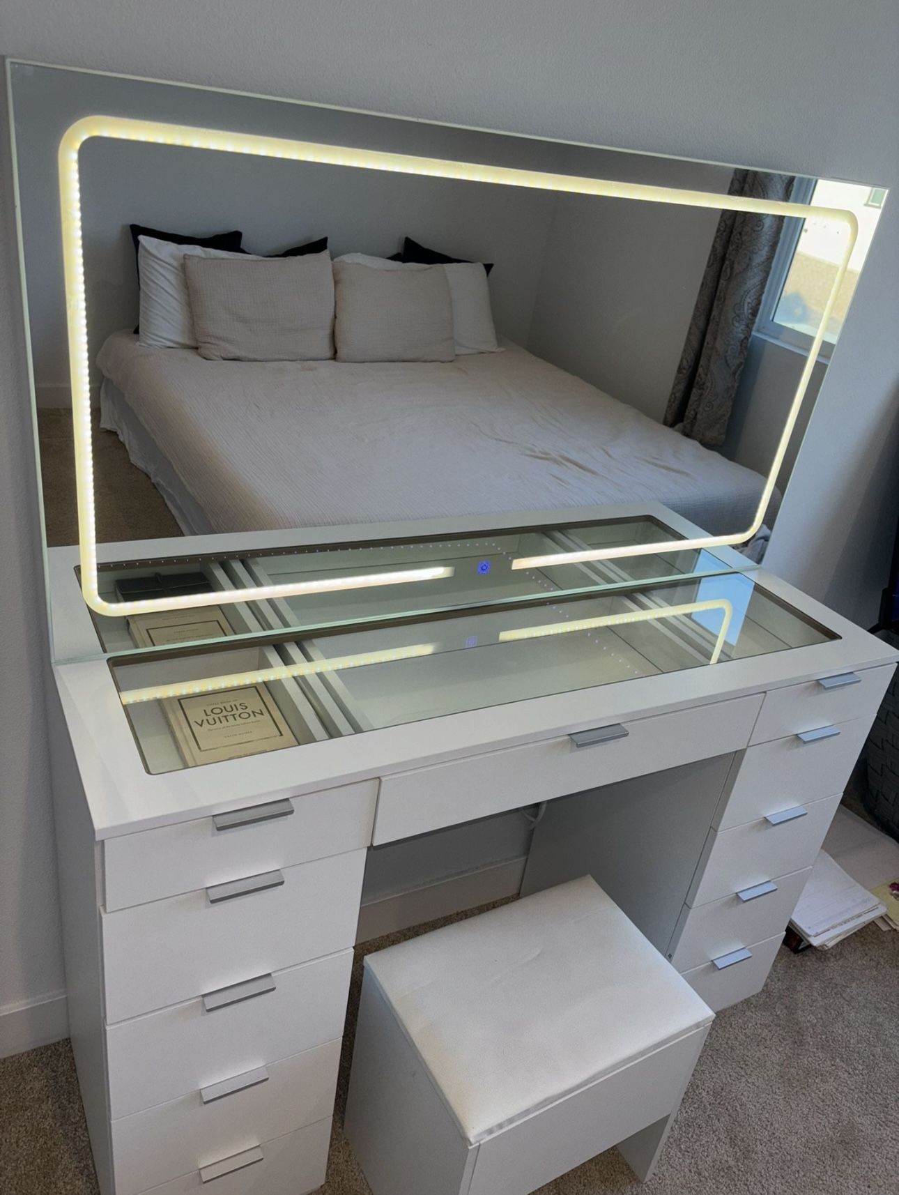 YITAHOME Vanity Desk Set with Large LED Lighted Mirror & Power Outlet, Glass Top Vanity with 11 Drawers and Magnifying Glass, 46" Large Makeup Vanity