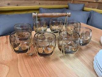 vintage Mid Century Gold Roman Coins Roly Poly Tumbler Set with Caddy/ Set Of 8