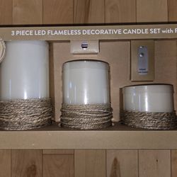 LED Flameless Candle Set 3 pc w\Remote and Rope Design, NIB