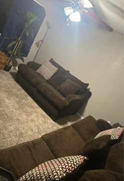 2 living room  couches & set of end tables  , queen bed frame with box spring plus night stand.