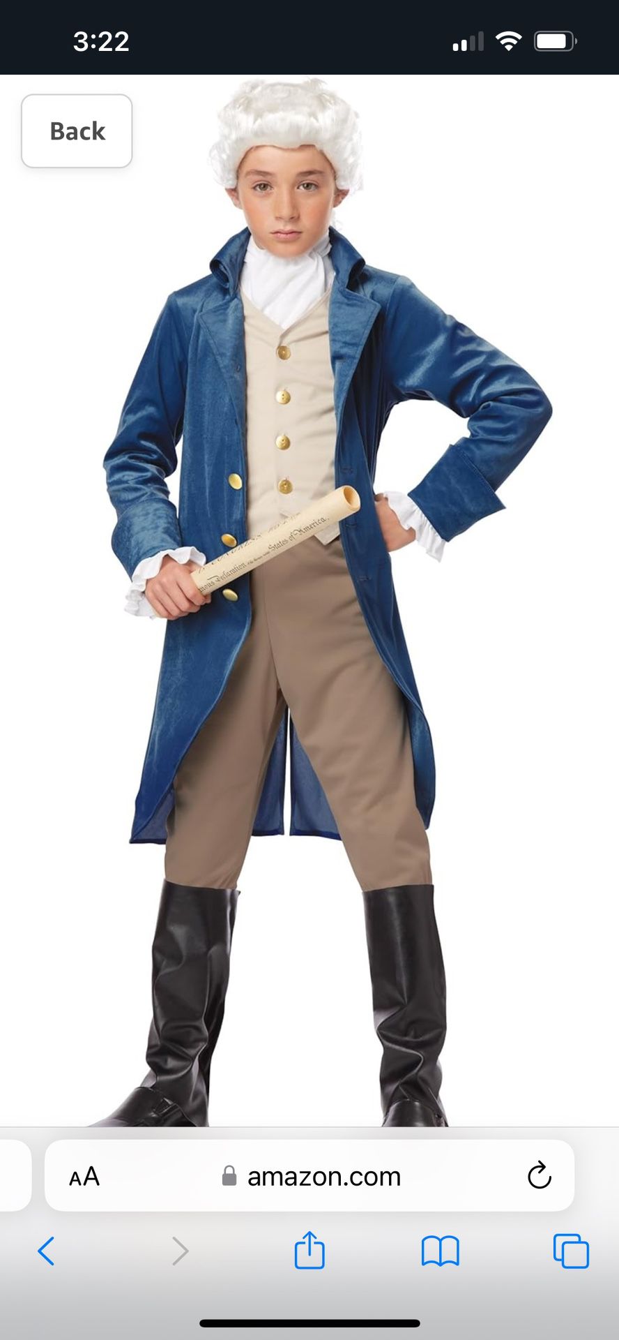 Youth Size Medium Colonial times Costume