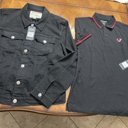 TRUE RELIGION CLOTHES TRUCK DENIM JACKET AND POLO 