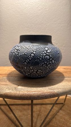 Vintage Black & Blue Crackle Glaze Pottery Vase – 5.5”