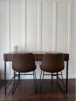 Office desk & two brown leather chairs