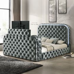 Grey Velvet LED Lights On Headboard Foot Board Fireplace Without Heat TV Stand Mount NOT Included Brand New In Box Firm Price $999 Eastern King
