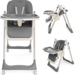 3-in-1 Foldable High Chair for Babies & Toddlers – Adjustable Height, Reclining Seat, 5-Point Safety Harness, Removable Tray, Lockable Wheels, Washabl