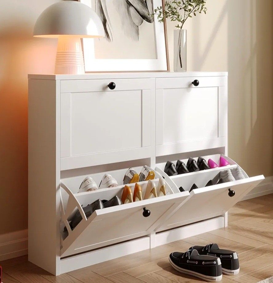 Shoe Cabinet with 4 Flip Drawers, Freestanding Shoe Storage Cabinet with Adjustable Shelf & Anti-Tipping Device, Shoe Rack for Entryway, Hallway, Livi