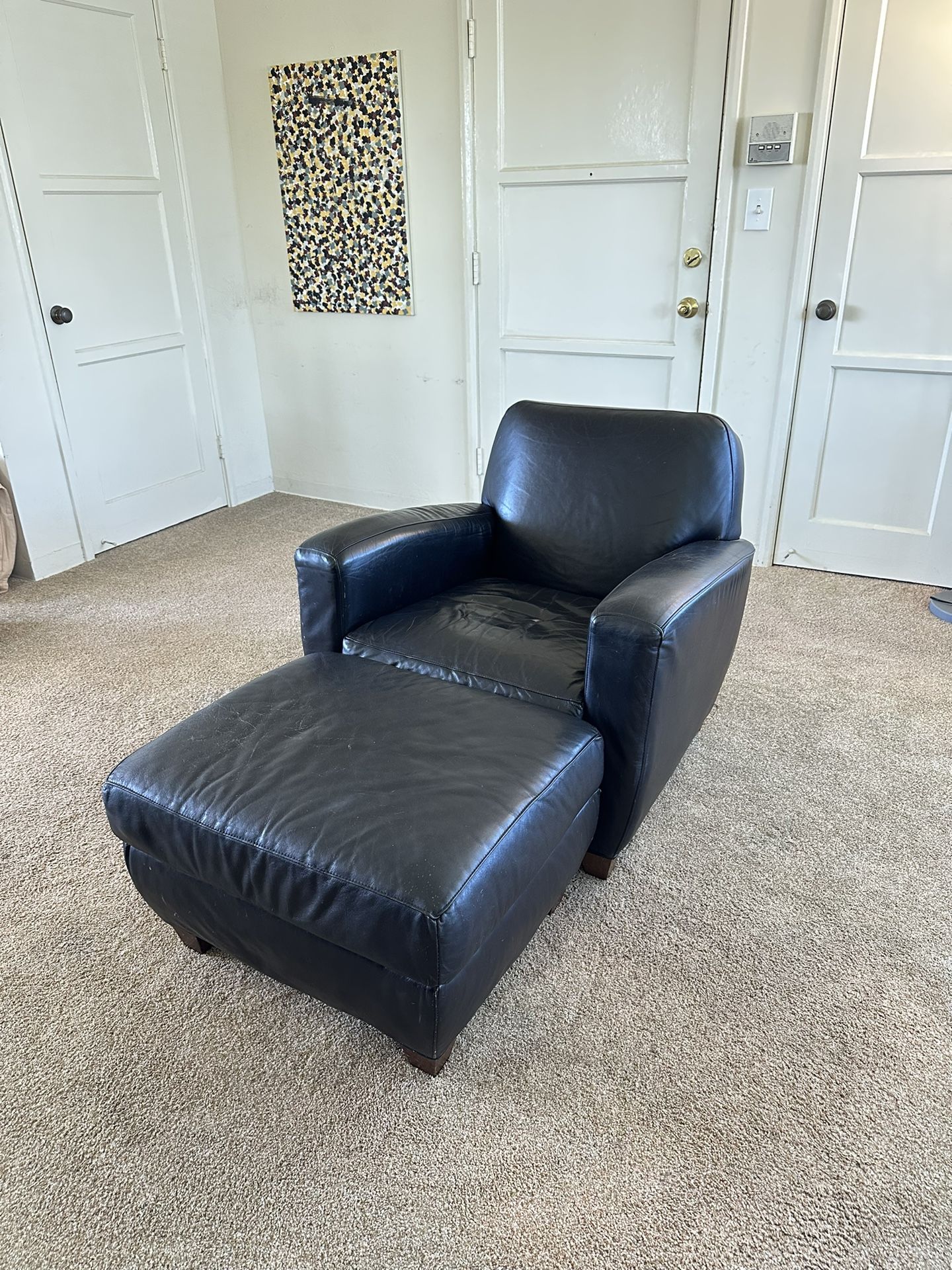 Restoration Hardware Black Leather Chair And Ottoman
