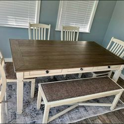 Bolanburg Farmhouse Style Dining Kitchen Table, 4 Chairs , Bench Dining Room Set 